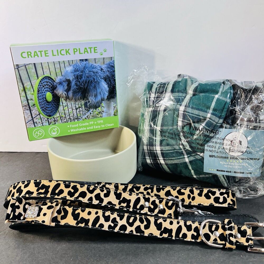 New Dog Puppy Starter Lot Bowl/ Plaid Coat  XL  /Lick Plate /Collar Leash Gift
